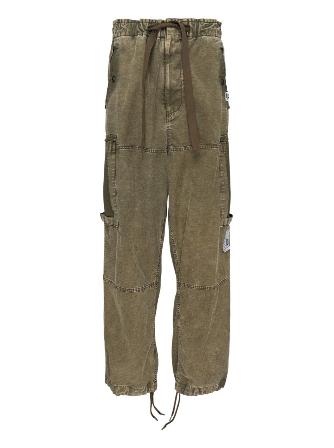 Mihara Yasuhiro washed olive damaged cargo pants with drawstring waist, oversized cargo pockets and distressed finish, front view