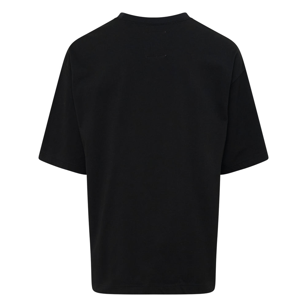 Mihara Yasuhiro Don't Tag Me Cat Printed Tee in black, featuring an oversized boxy fit, a smoky monochrome cat graphic, and dark red collegiate lettering across the chest - view 2