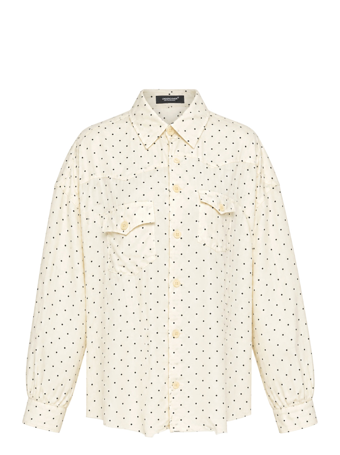 Undercover Asymmetrical Polka Dot Blouse in cream with black dots, featuring western yoke, flap chest pockets and button-down front