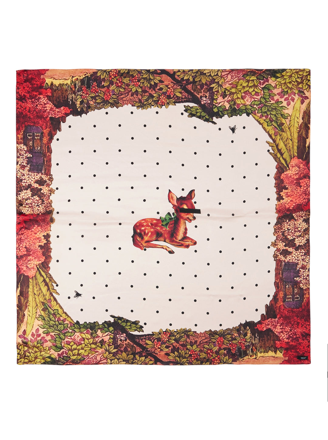 Undercover square scarf featuring a censored fawn with a green bow on a polka dot ground, framed by a red and green floral forest border