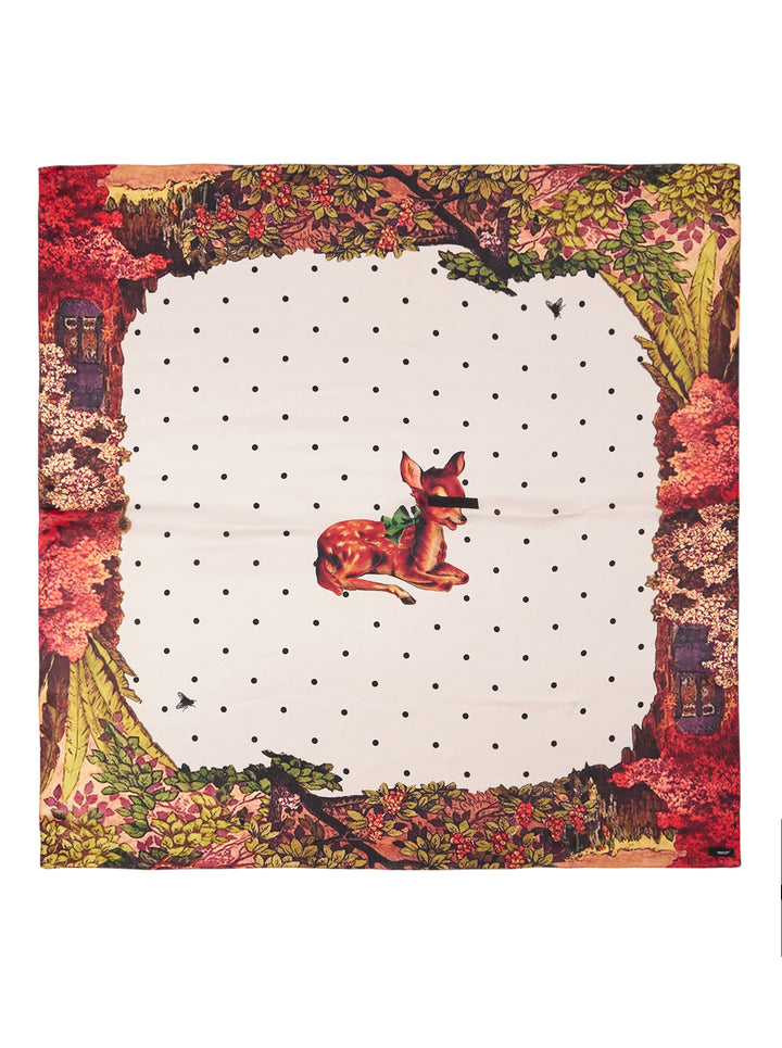 Undercover square scarf featuring a censored fawn with a green bow on a polka dot ground, framed by a red and green floral forest border