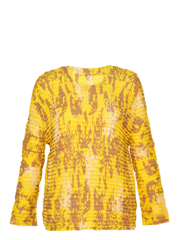 me Issey Miyake Leaf Pleats long sleeve crew neck top in yellow with tan and cream abstract print, shown flat against a white background