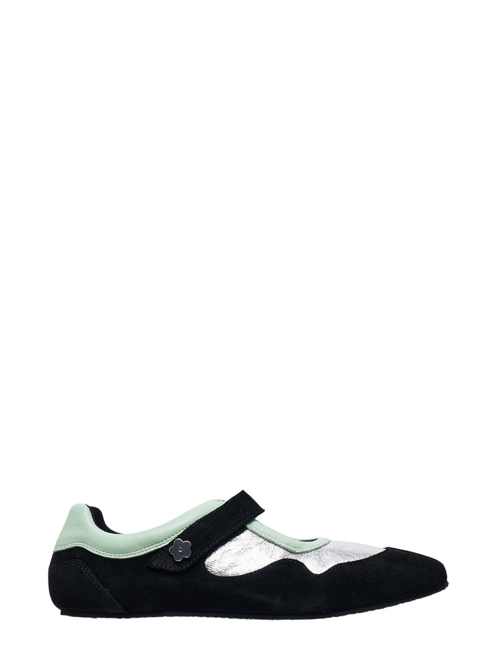 Cecilie Bahnsen Cosmos flat sneaker in black suede with silver metallic leather panels, mint green leather collar, and velcro strap with flower charm detail