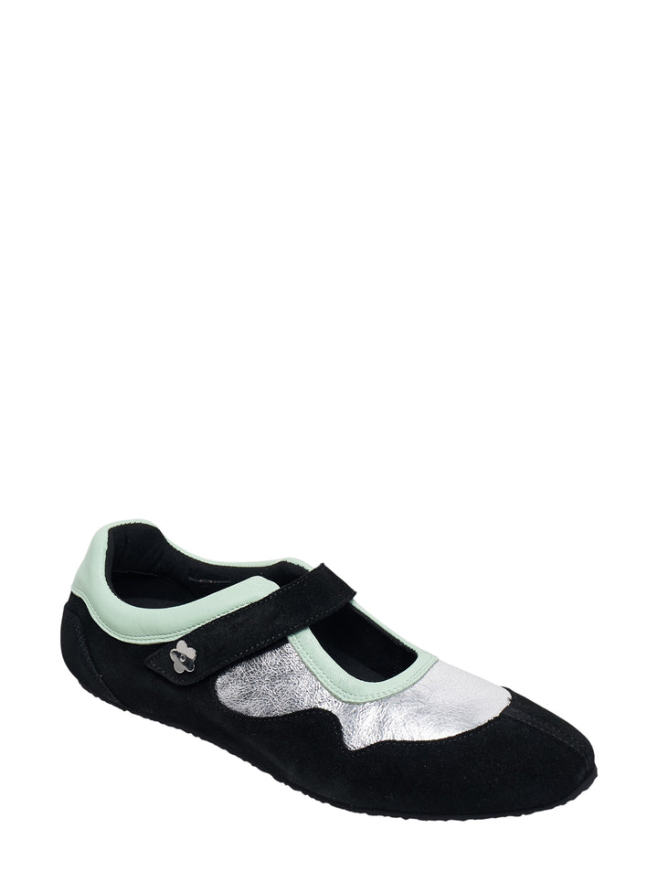 Cecilie Bahnsen Cosmos flat sneaker in black suede with silver metallic leather panels, mint green leather collar, and velcro strap with flower charm detail - view 3
