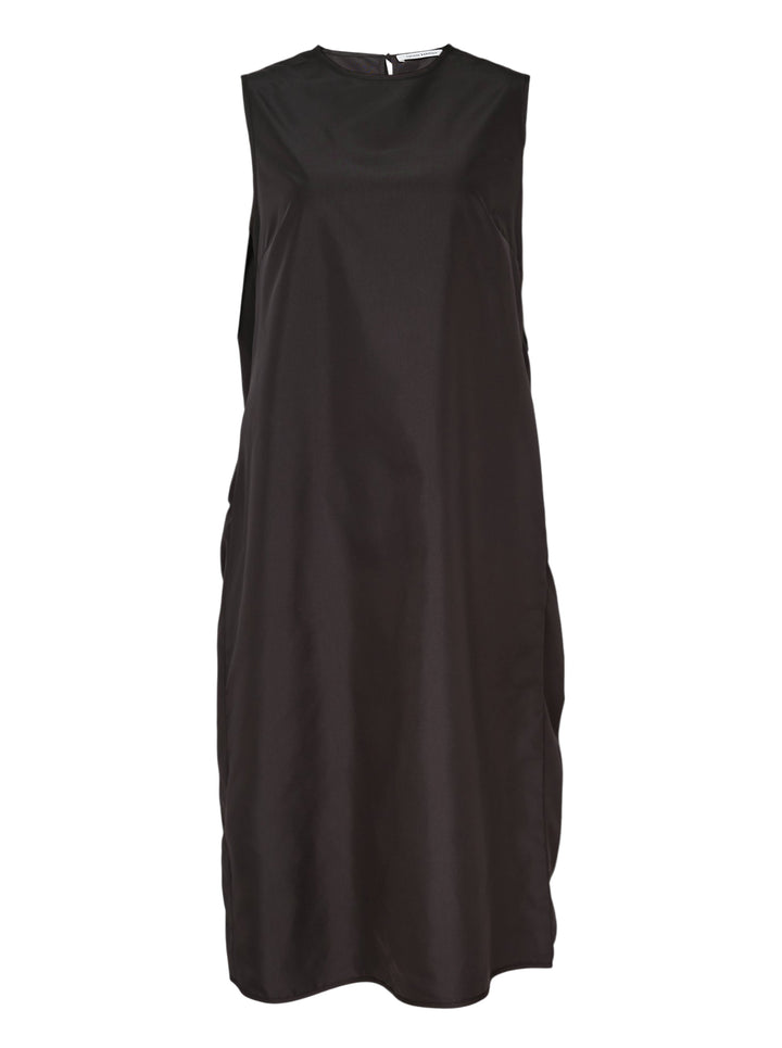 Cecilie Bahnsen Recycled Faille Midi Dress in deep espresso brown, sleeveless with a round neckline, relaxed cocoon silhouette, and curved hem, shown on a white background