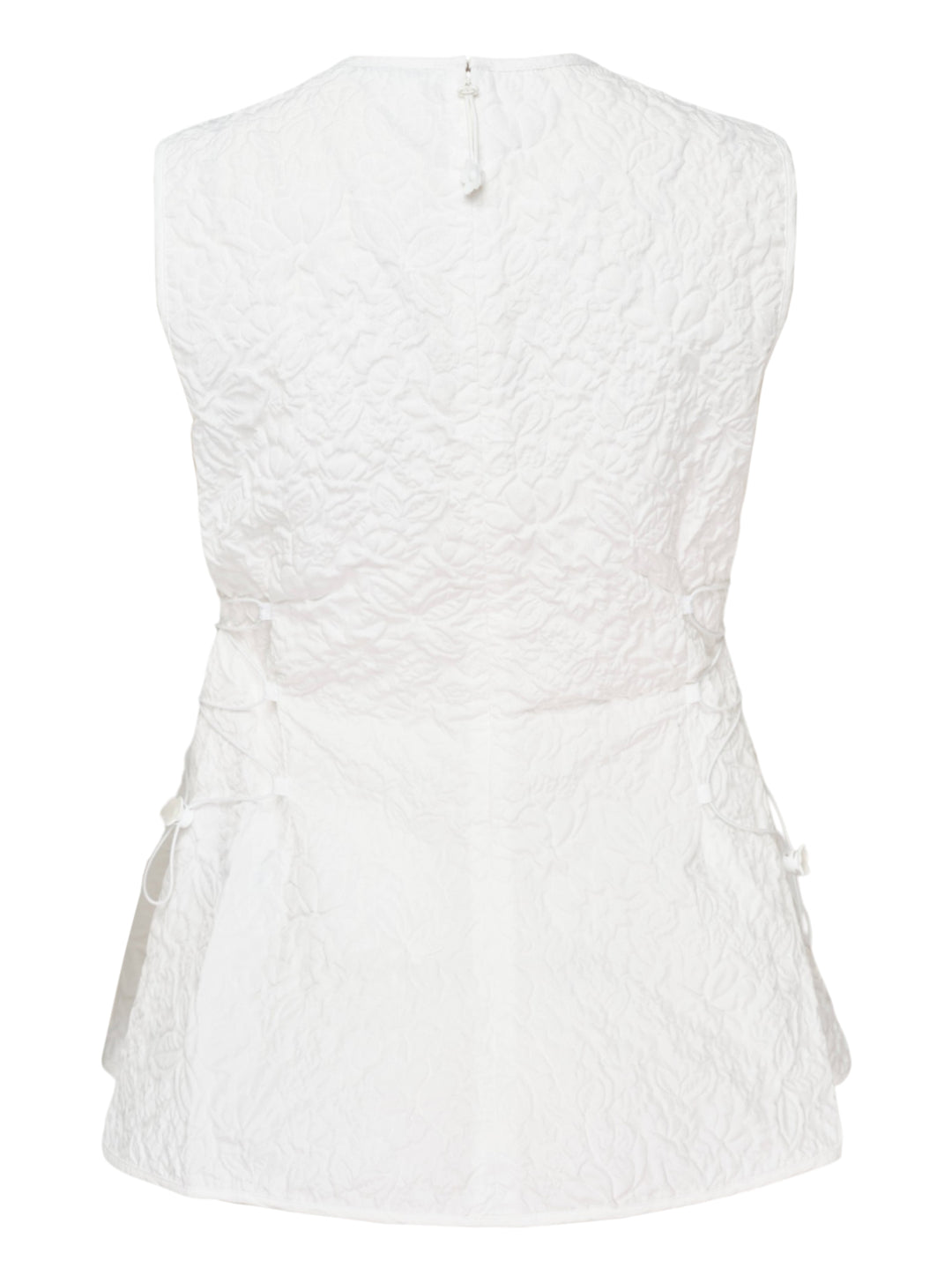 Cecilie Bahnsen Floratini Matelassé sleeveless top in white, shown from the back, featuring an all-over raised floral quilted pattern, gathered bow details along both side seams, and a concealed back zip closure - view 2