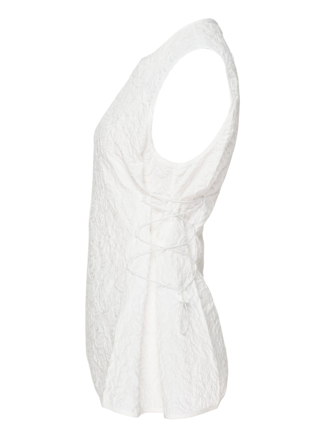 Cecilie Bahnsen Floratini Matelassé sleeveless top in white, shown from the back, featuring an all-over raised floral quilted pattern, gathered bow details along both side seams, and a concealed back zip closure - view 3