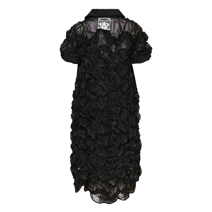 Hisu Park Valerie Glass Dress in black — A-line mini dress with allover ruched bubble-cluster organza texture, pointed collar, cap sleeves, and scalloped hem, shown flat against a white background - view 2
