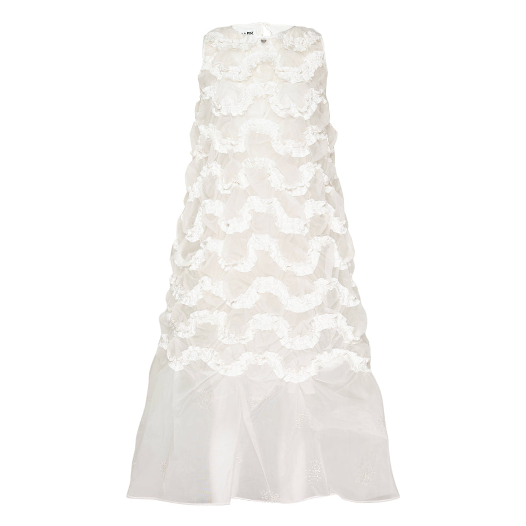 Hisu Park Lolo Dress in white — sleeveless sheer organza mini dress with 3D circular ruffled appliqués across the bodice and a flared drop-waist hem, flat lay view