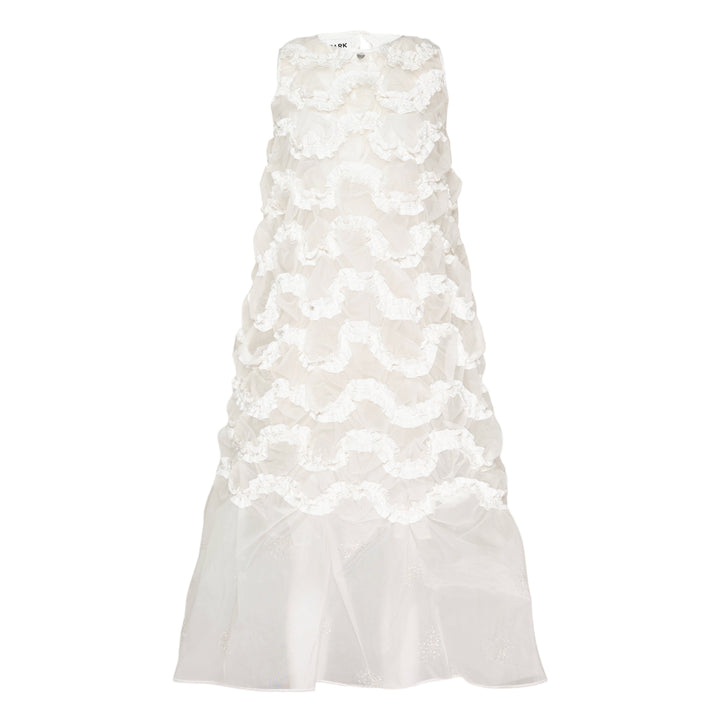 Hisu Park Lolo Dress in white — sleeveless sheer organza mini dress with 3D circular ruffled appliqués across the bodice and a flared drop-waist hem, flat lay view