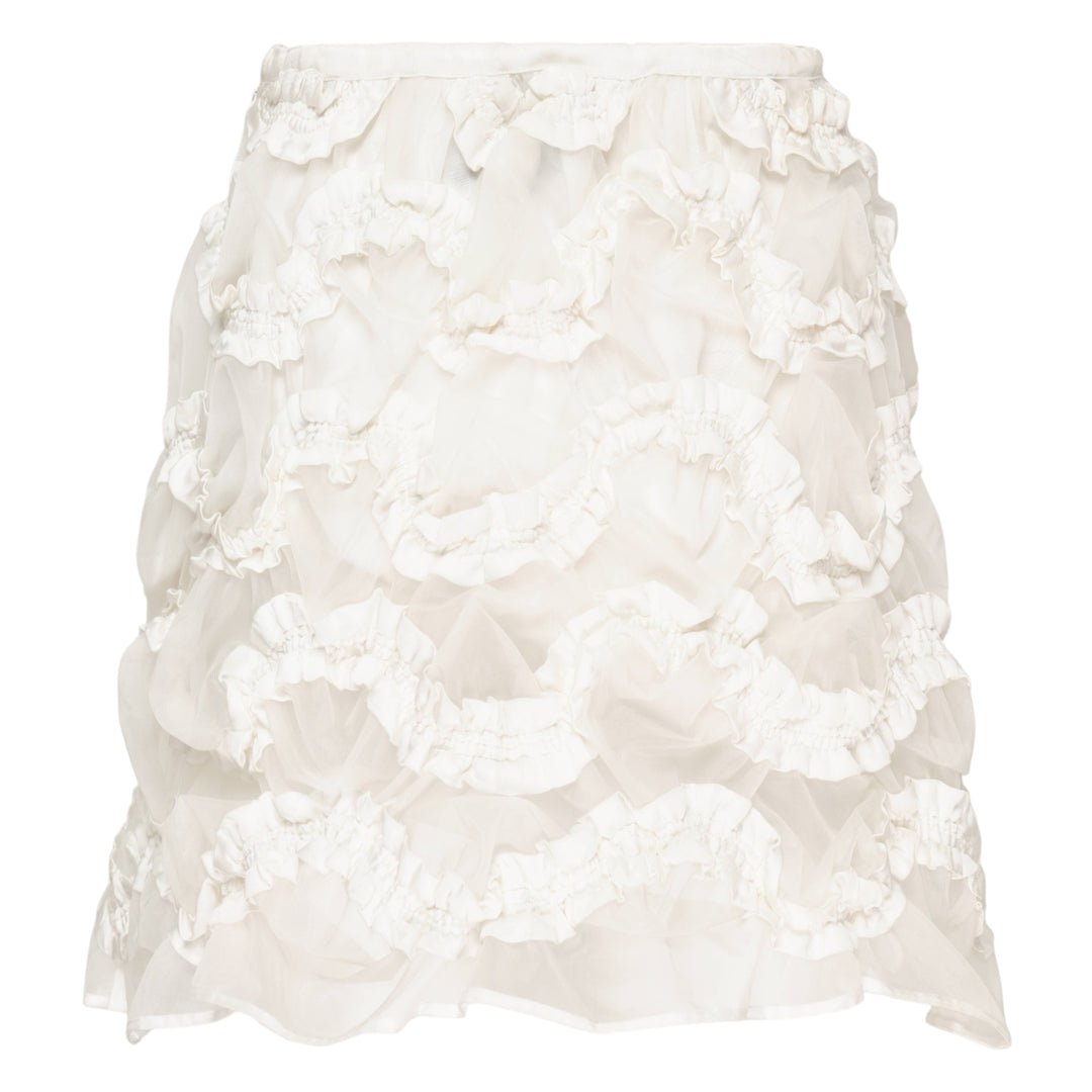 Hisu Park Glass Mini Skirt in white, featuring cascading sheer organza ruffles in undulating rows against a light grey background - view 2