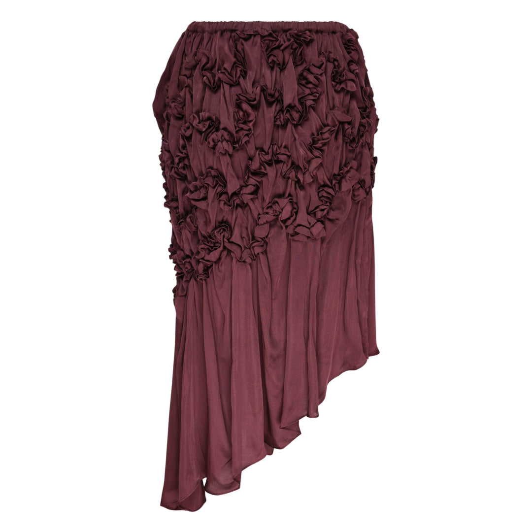 Hisu Park Jenny Skirt in deep burgundy satin with ruched floral-style gathered detailing on the upper skirt and an asymmetric draped midi hem - view 2