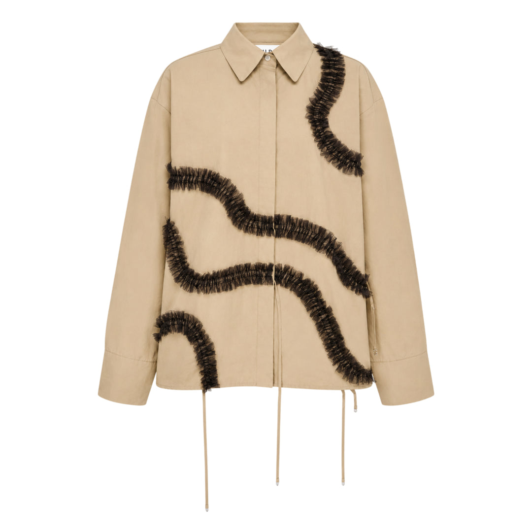 Hisu Park Savy Drawstring Shirt in beige cotton with sweeping black tulle ruffle appliqué wave detailing across the front and adjustable drawstring hem ties