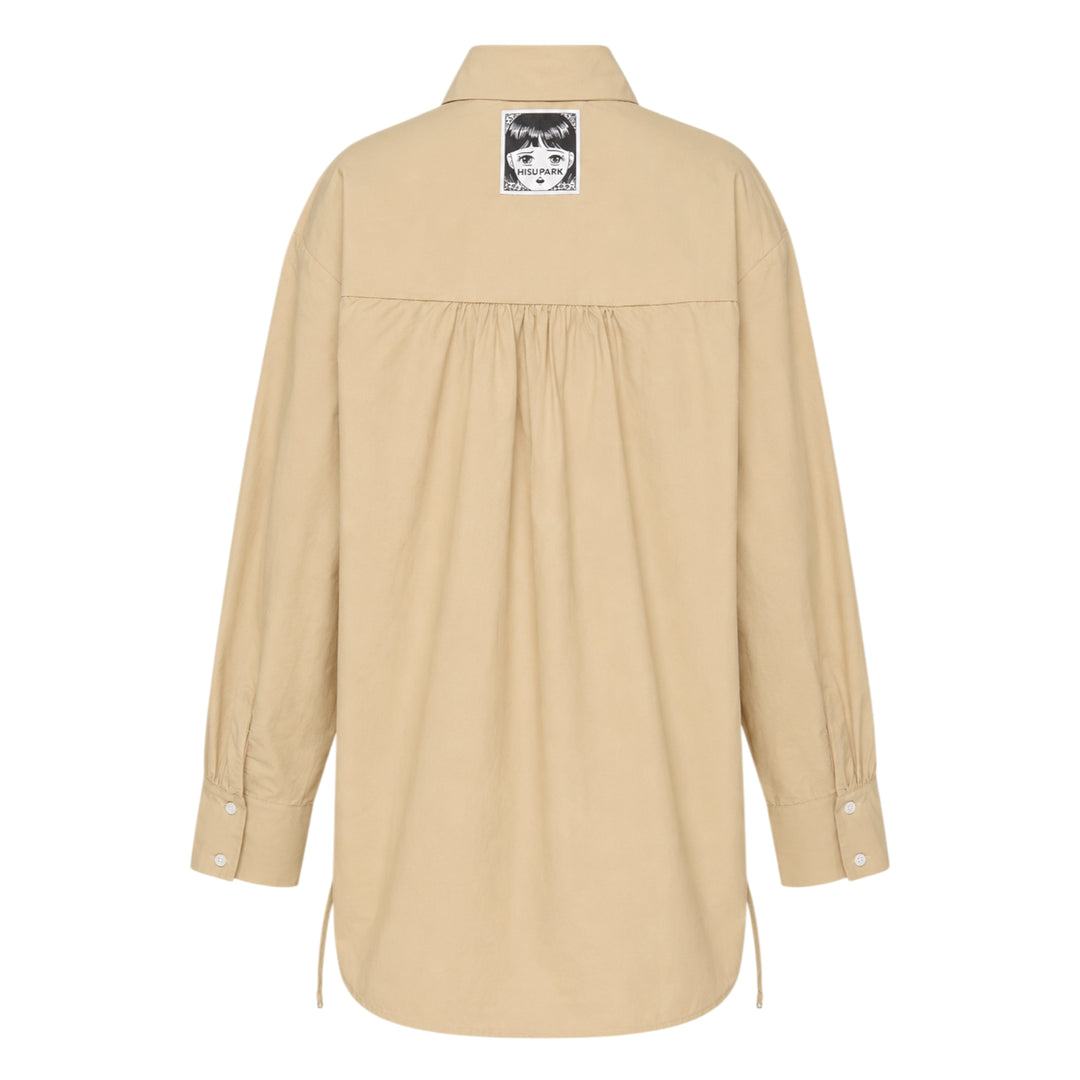 Hisu Park Savy Drawstring Shirt in beige cotton with sweeping black tulle ruffle appliqué wave detailing across the front and adjustable drawstring hem ties - view 2