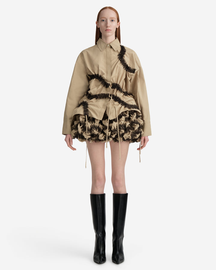 Hisu Park Savy Drawstring Shirt in beige cotton with sweeping black tulle ruffle appliqué wave detailing across the front and adjustable drawstring hem ties - view 4