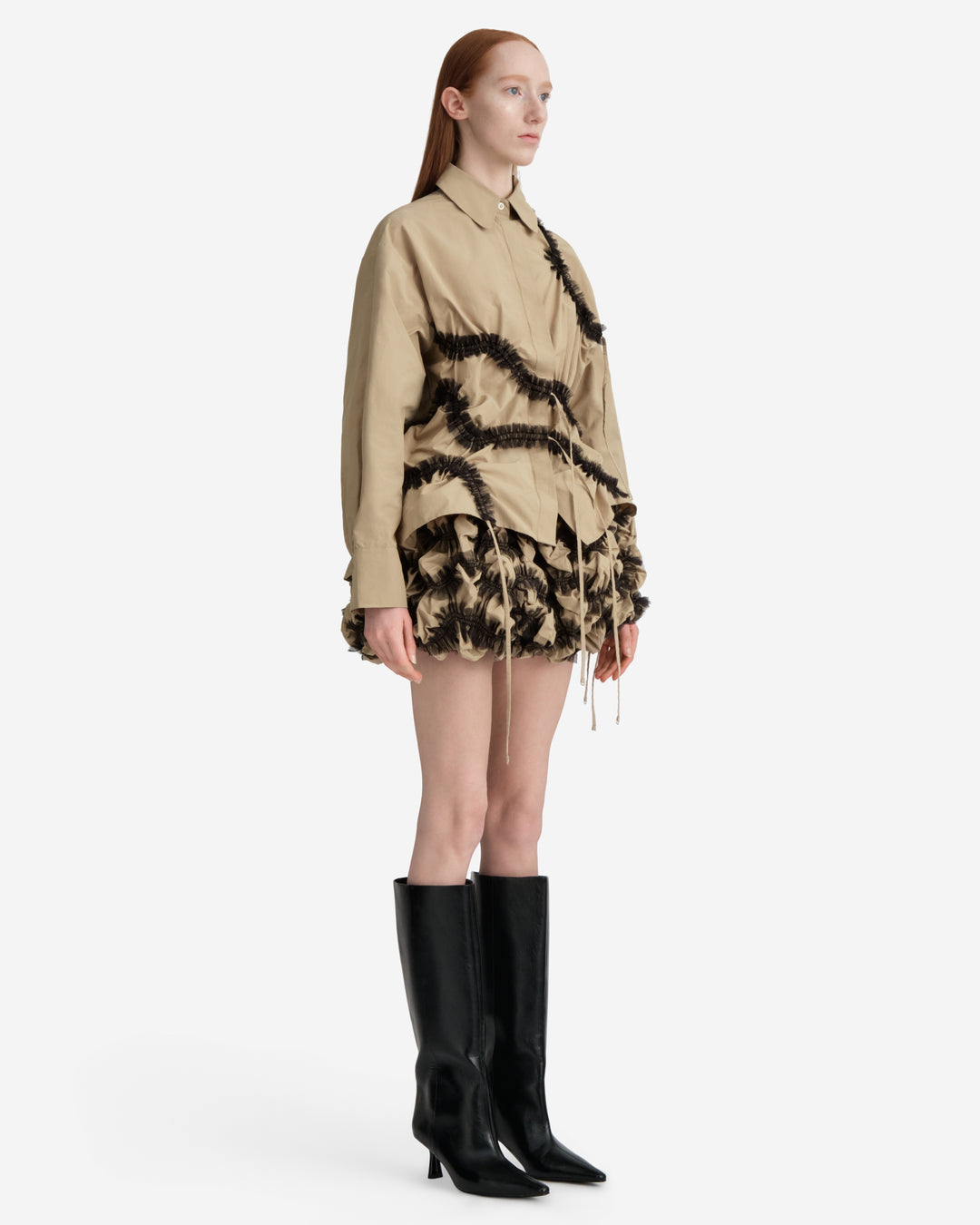 Hisu Park Savy Drawstring Shirt in beige cotton with sweeping black tulle ruffle appliqué wave detailing across the front and adjustable drawstring hem ties - view 5