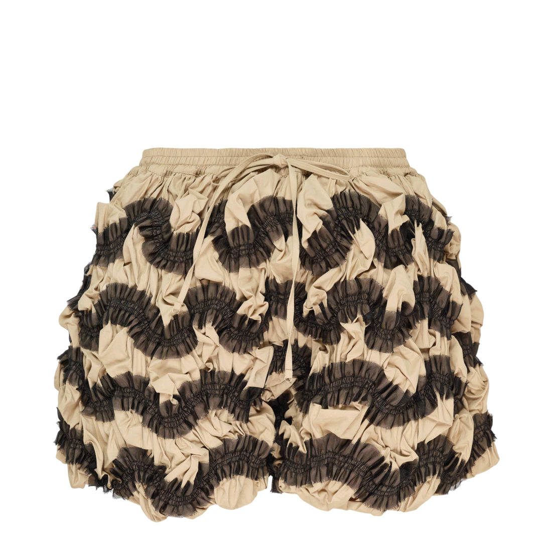 Hisu Park Nylon Cotton Waves Shorts in khaki and black, featuring allover gathered bubble smocking and an elasticated drawstring waistband, displayed flat on a white background