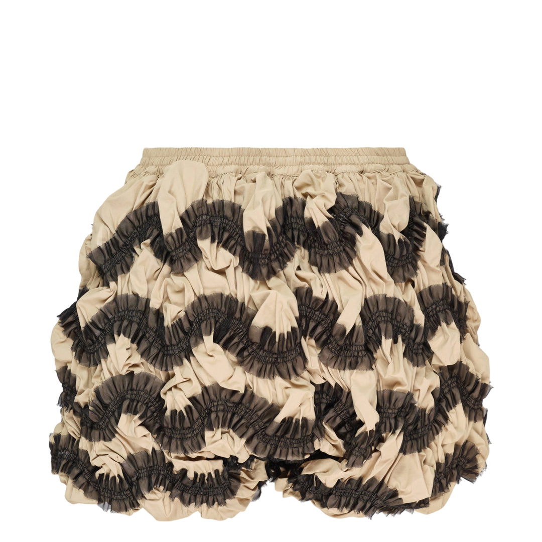 Hisu Park Nylon Cotton Waves Shorts in khaki and black, featuring allover gathered bubble smocking and an elasticated drawstring waistband, displayed flat on a white background - view 2
