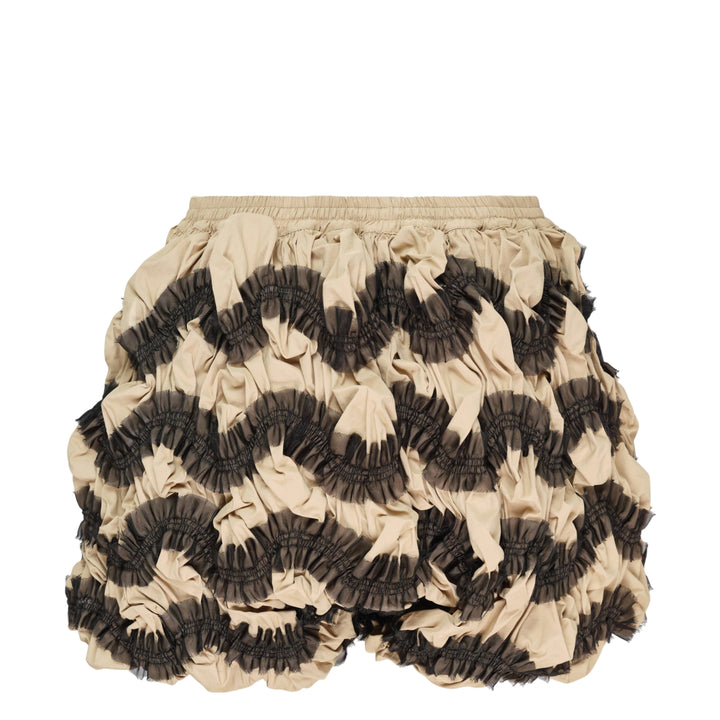 Hisu Park Nylon Cotton Waves Shorts in khaki and black, featuring allover gathered bubble smocking and an elasticated drawstring waistband, displayed flat on a white background - view 2