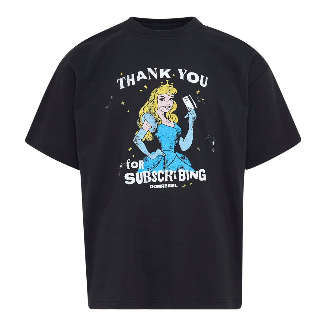 Domrebel Thank You For Subscribing black oversized graphic tee featuring a distressed vintage-style animated princess holding a credit card, with 'Thank You for Subscribing' text