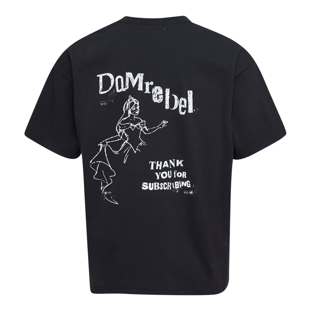 Domrebel Thank You For Subscribing black oversized graphic tee featuring a distressed vintage-style animated princess holding a credit card, with 'Thank You for Subscribing' text
