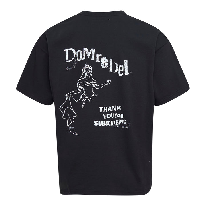 Domrebel Thank You For Subscribing black oversized graphic tee featuring a distressed vintage-style animated princess holding a credit card, with 'Thank You for Subscribing' text