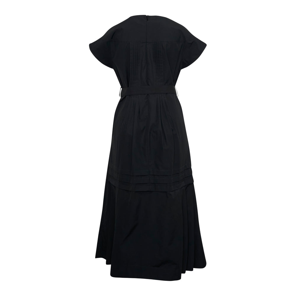 3.1 Phillip Lim black pleated poplin midi dress with pintuck bodice, cap sleeves, tiered skirt and D-ring belt, photographed on a white background - view 2