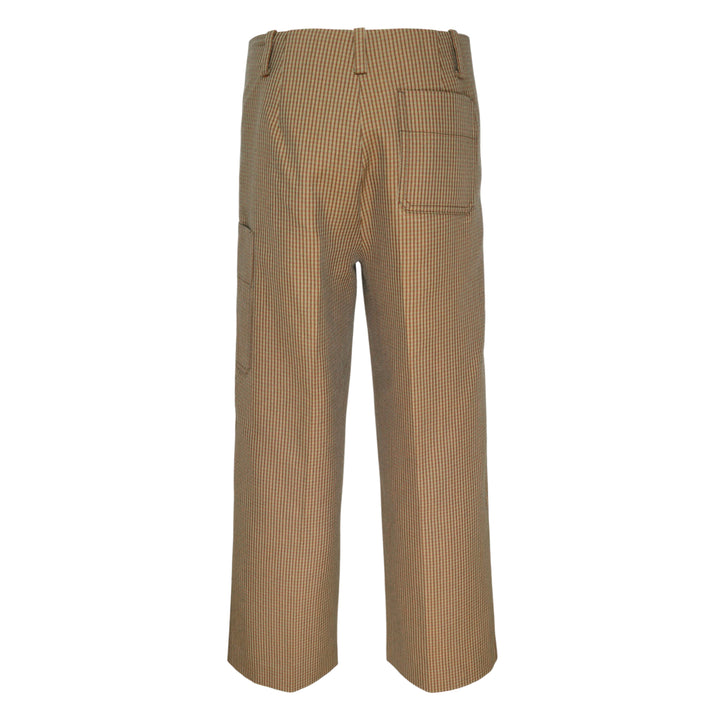 3.1 Phillip Lim Curved Tweed Wide-Leg Pants in micro houndstooth camel weave, featuring a high waist, belt loops, cargo patch pocket, and wide flared hem — rear product view on white background - view 2