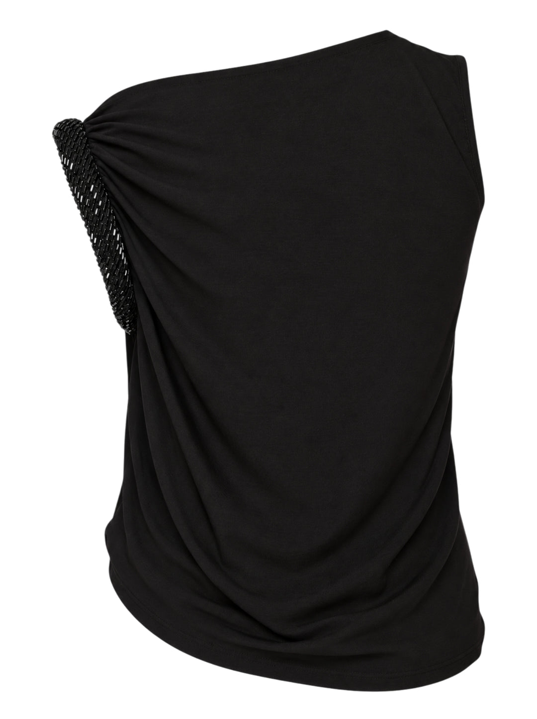 Alexander Wang black sleeveless one-shoulder top with gathered twist detail and hotfix embellished trim - view 2
