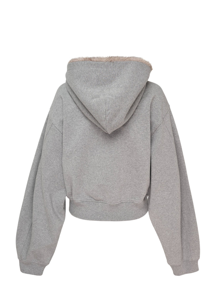 Alexander Wang cropped heather grey zip-up hoodie with faux fur-lined hood, front view - view 2