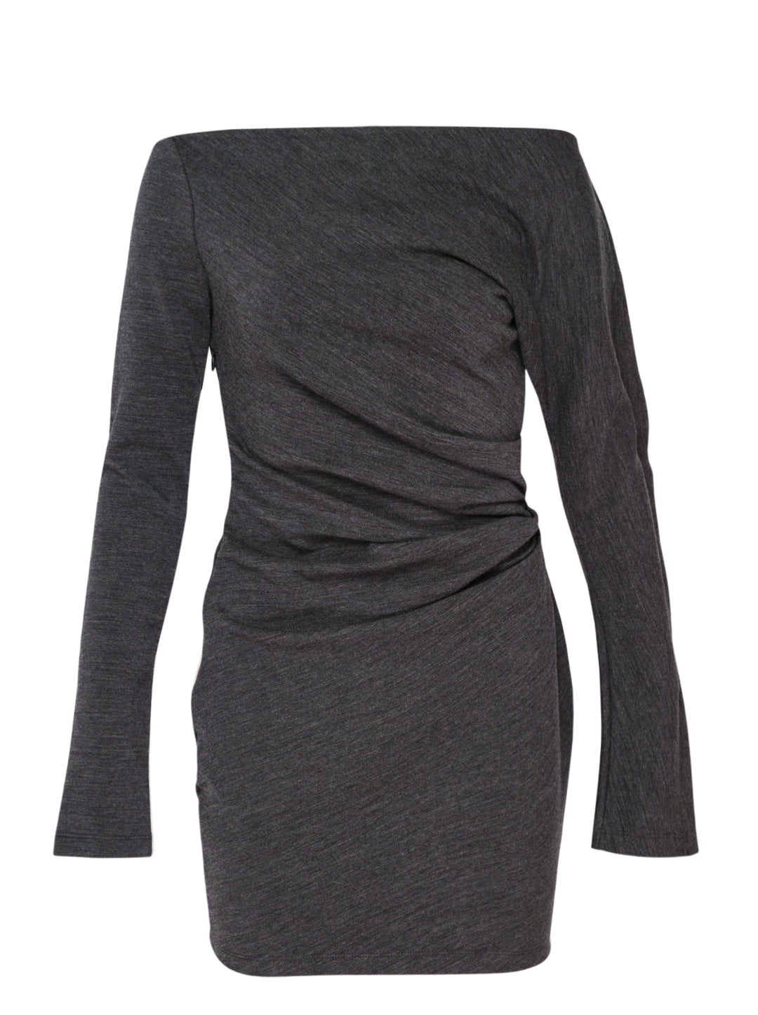 Alexander Wang asymmetric drape long sleeve mini dress in heathered charcoal jersey with off-shoulder neckline and ruched waist