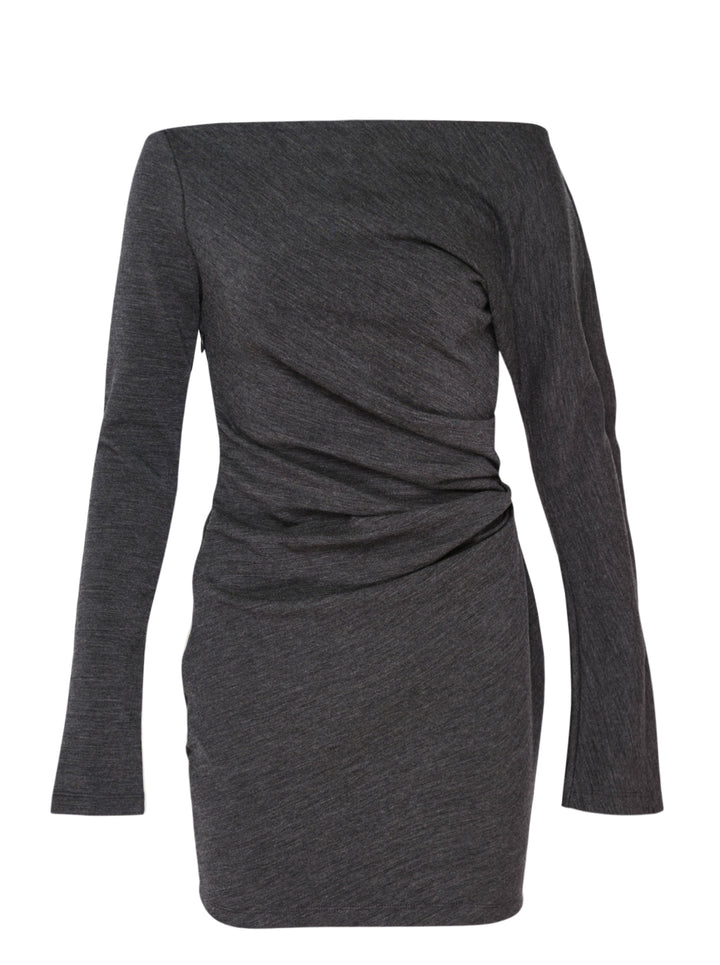 Alexander Wang asymmetric drape long sleeve mini dress in heathered charcoal jersey with off-shoulder neckline and ruched waist