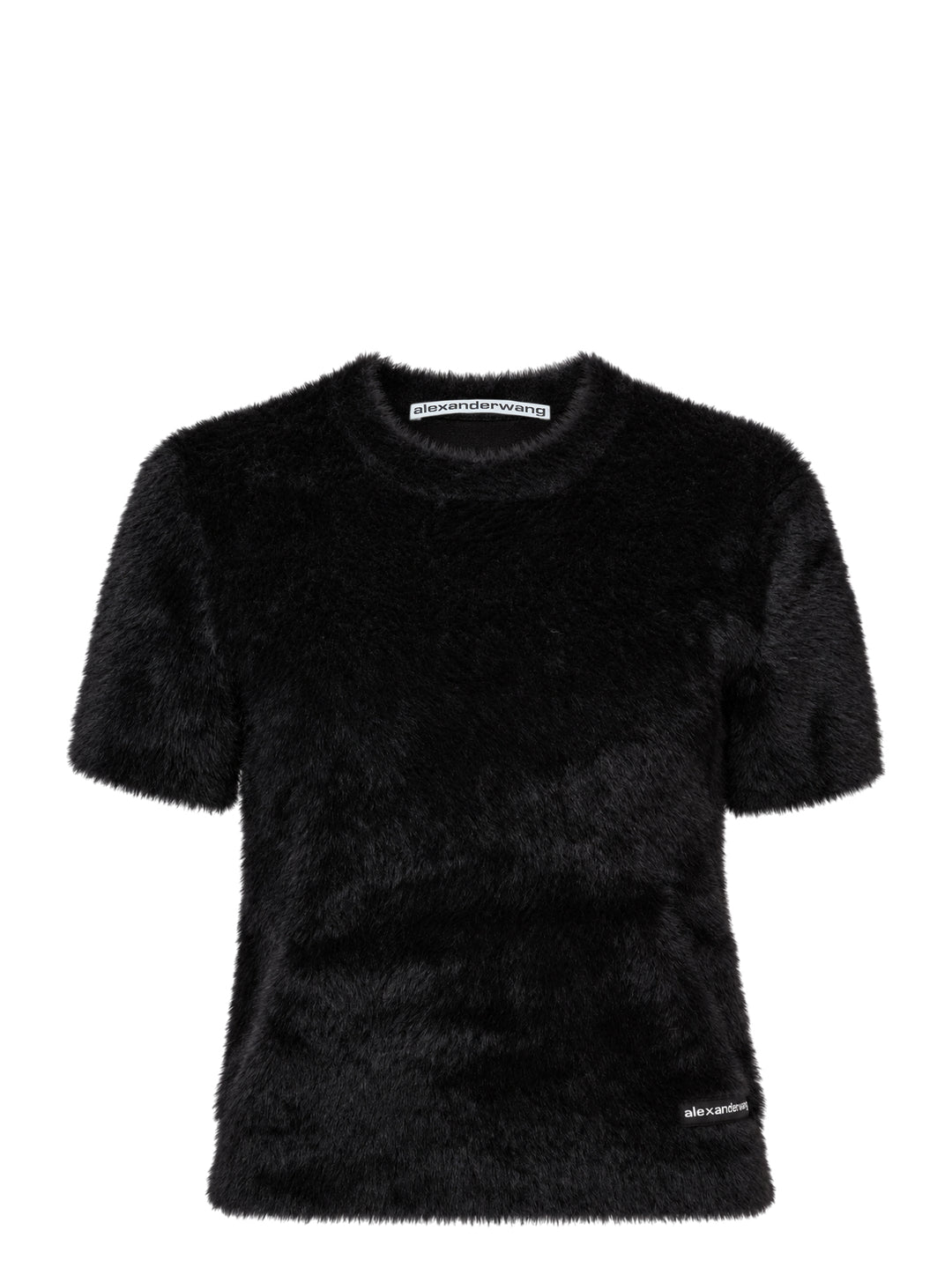 Alexander Wang black faux fur short sleeve crew neck tee with logo label at neckline and hem patch