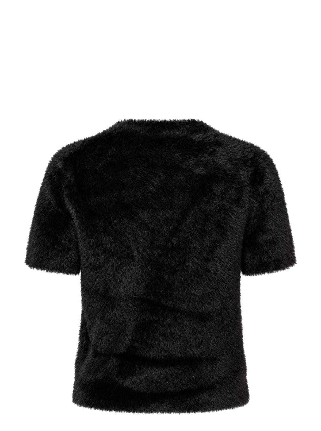 Alexander Wang black faux fur short sleeve crew neck tee with logo label at neckline and hem patch - view 2