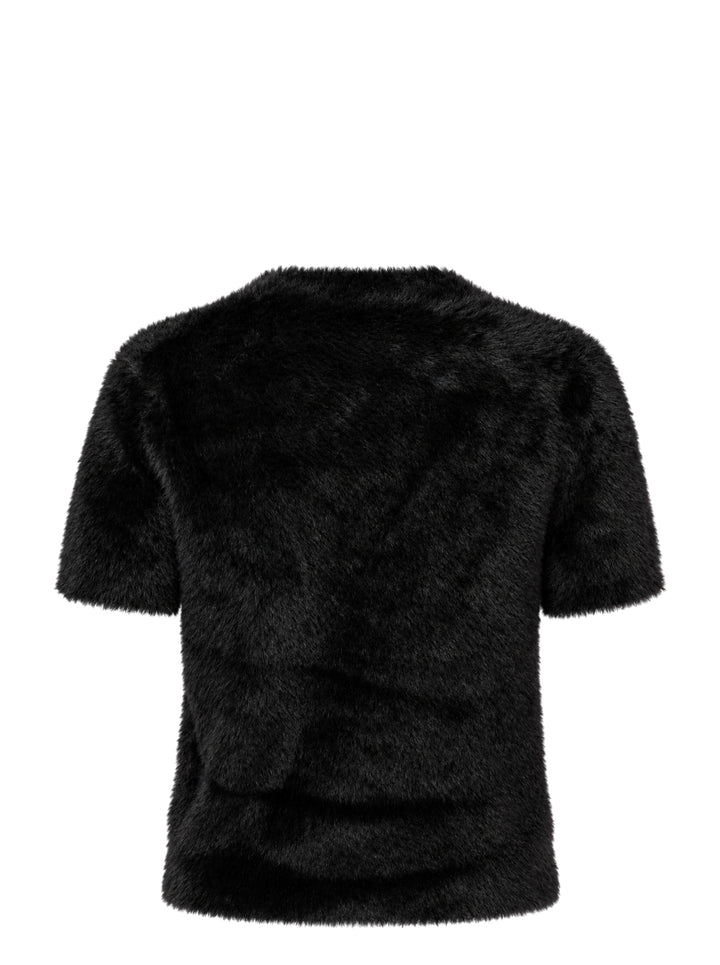 Alexander Wang black faux fur short sleeve crew neck tee with logo label at neckline and hem patch - view 2