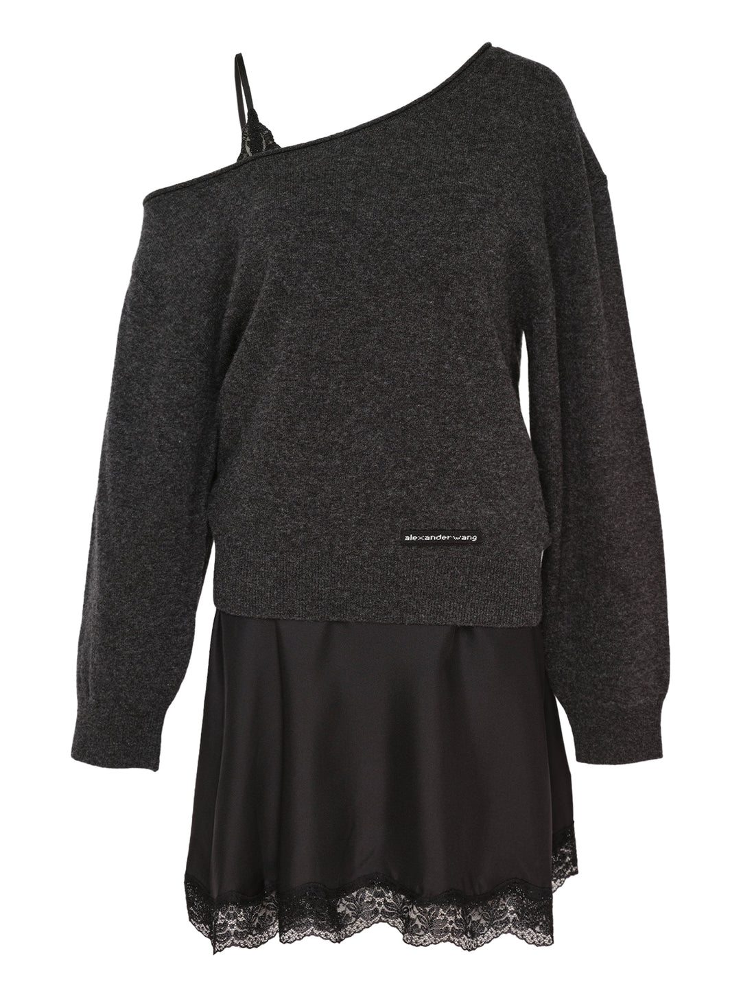 Alexander Wang pre-styled slip dress with off-shoulder charcoal knit sweater layered over a black satin slip with lace hem