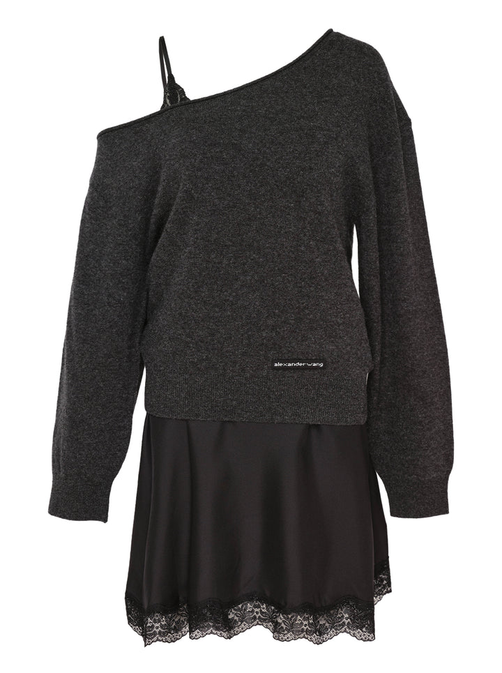 Alexander Wang pre-styled slip dress with off-shoulder charcoal knit sweater layered over a black satin slip with lace hem