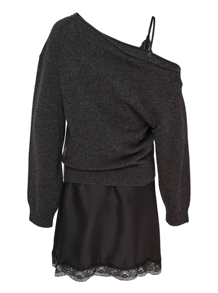 Alexander Wang pre-styled slip dress with off-shoulder charcoal knit sweater layered over a black satin slip with lace hem - view 2