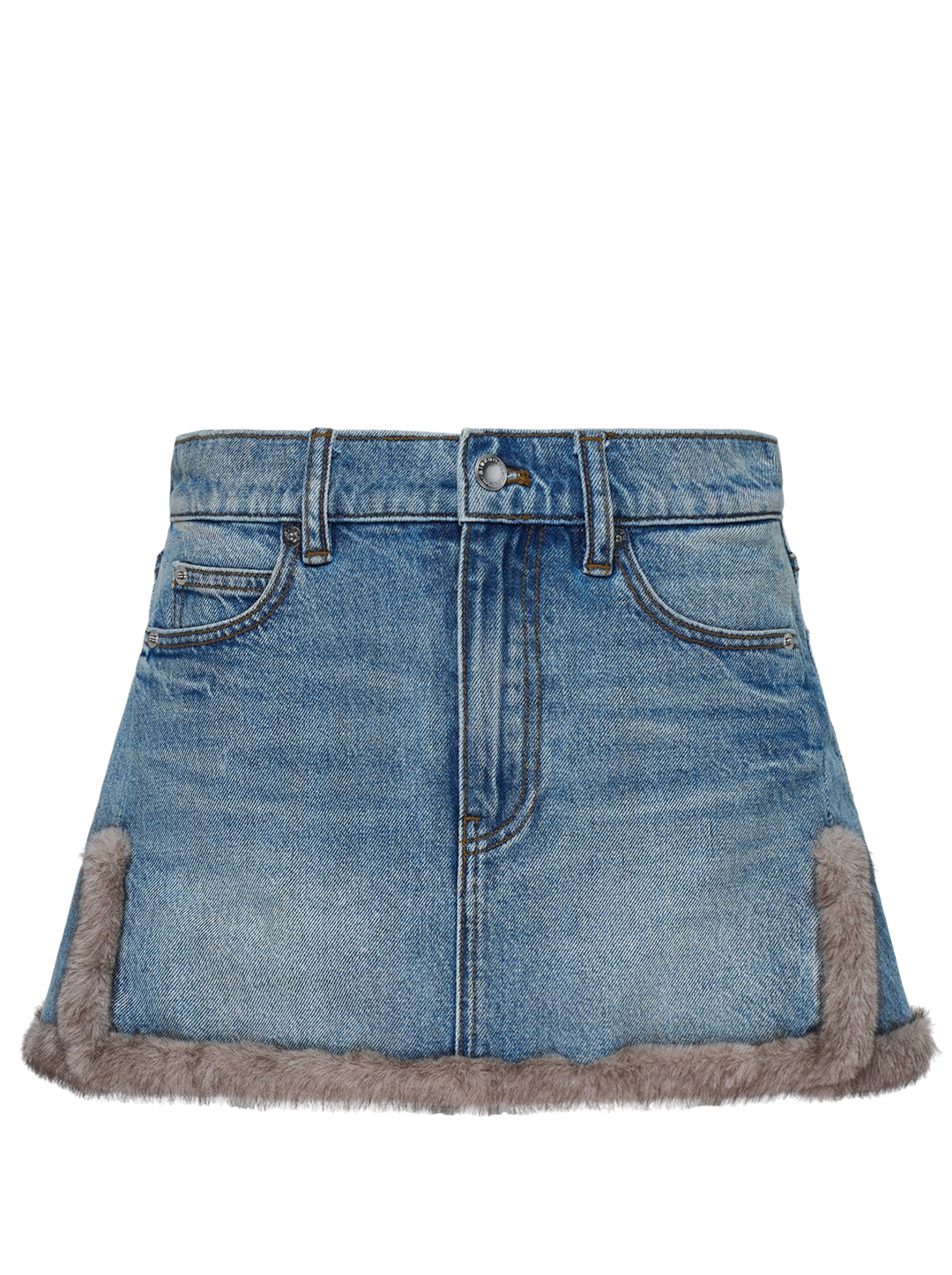 Alexander Wang washed blue denim mini skirt with faux mink trim along the hem and side vents, shown from the front