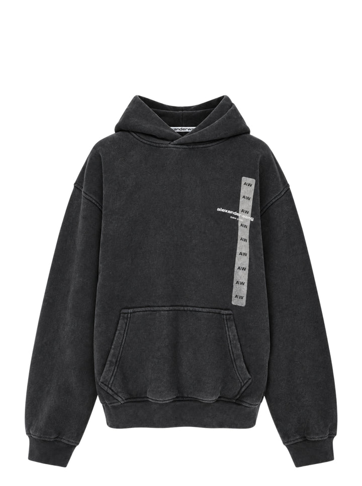 Alexander Wang washed black oversized hoodie with vertical holographic AW flasher graphic and alexanderwang New York logo print on the chest