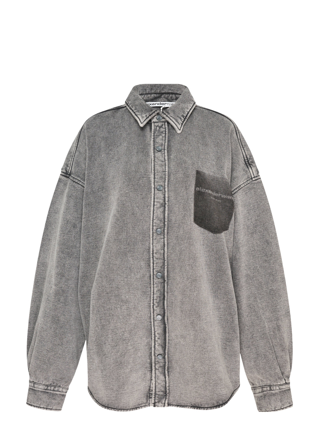 Alexander Wang oversized washed grey denim button-down shirt with dropped shoulders and a faded logo print chest pocket