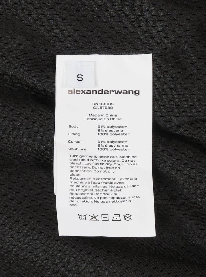 Alexander Wang black satin oversized track jacket with embossed logo tape on the sleeves, funnel neck and smocked hem - view 5