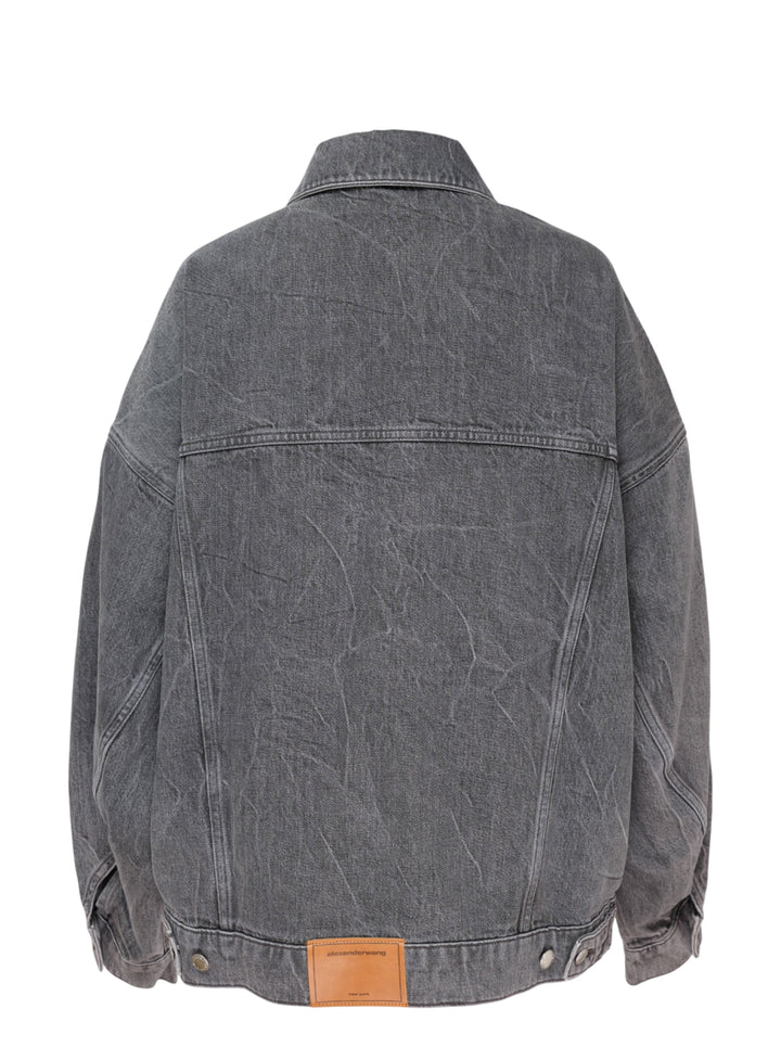 Alexander Wang oversized trucker jacket in washed grey denim with AW logo detail on the sleeve and woven denim label at the hem - view 2