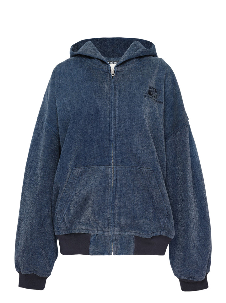 Alexander Wang oversized zip-up hoodie in washed indigo brushed denim with ribbed navy cuffs and hem, front pockets and embroidered chest logo