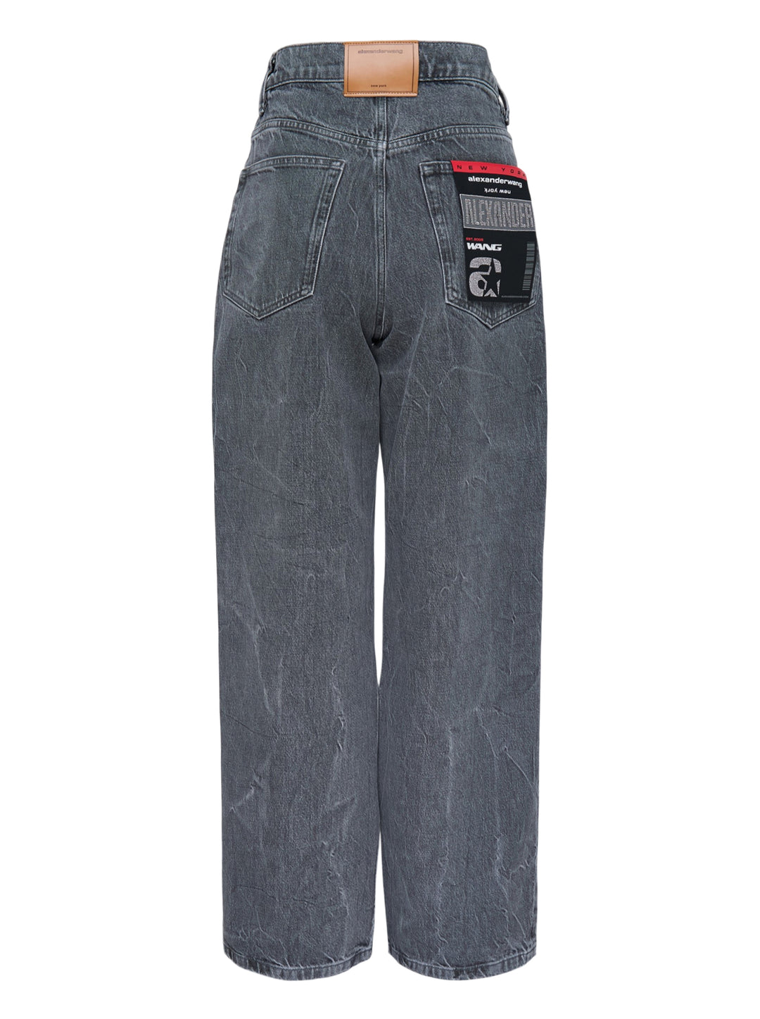Alexander Wang unisex wide-leg jeans in washed charcoal denim with woven AW flasher label detail, front view - view 2