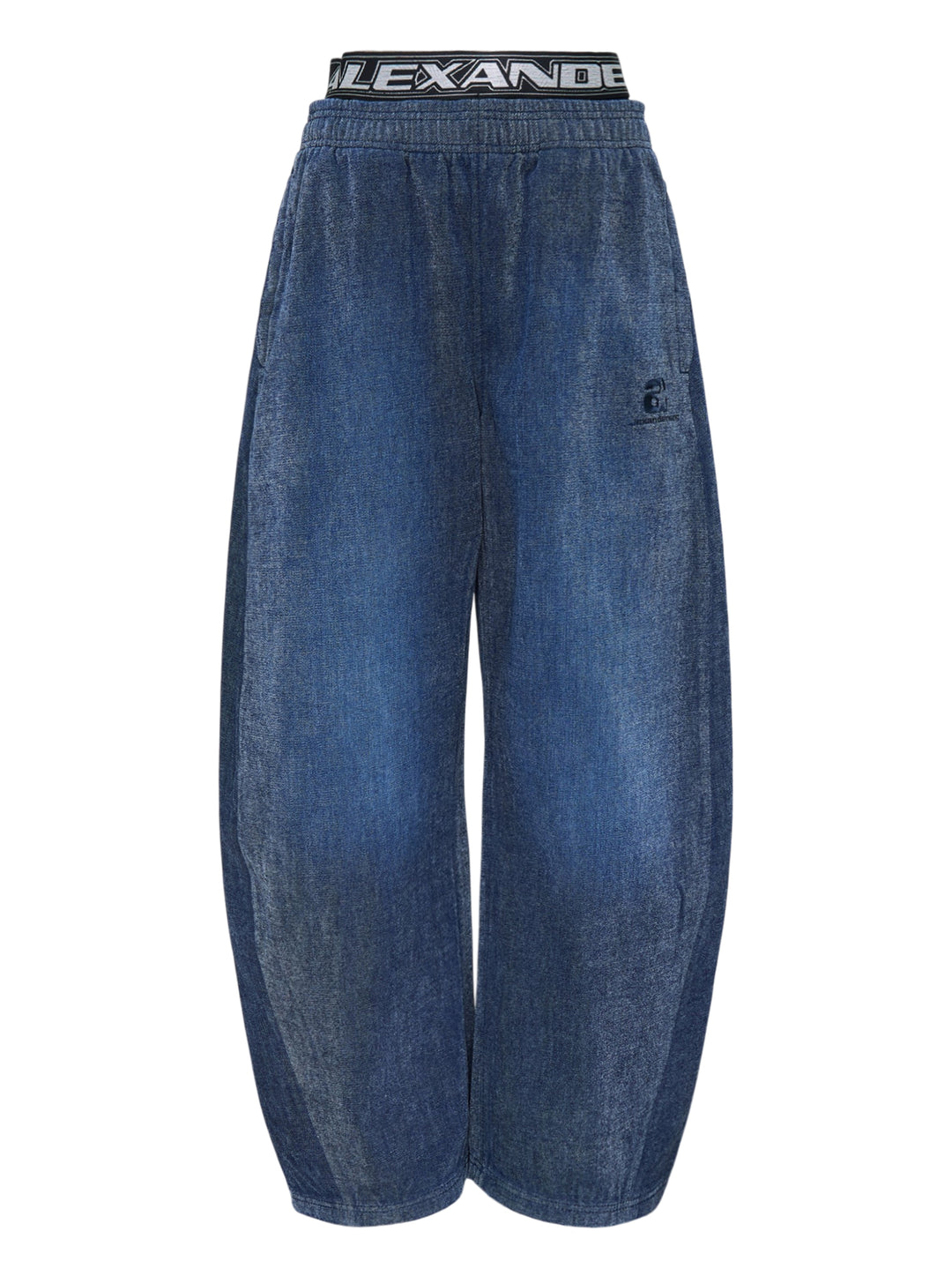 Alexander Wang brushed denim sweatpants in faded blue with a layered logo elastic waistband and curved balloon leg