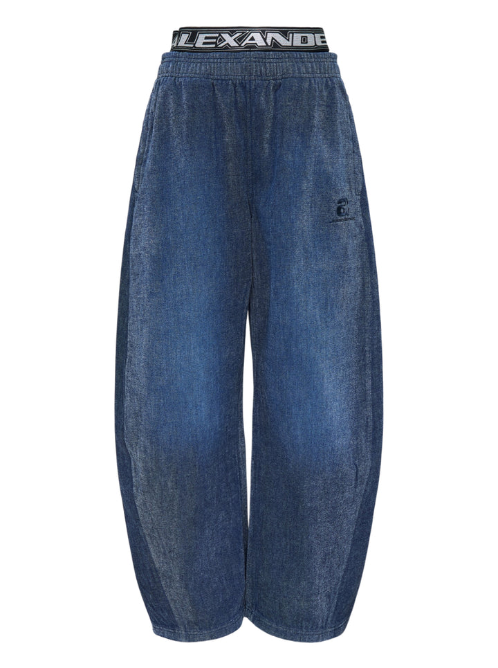 Alexander Wang brushed denim sweatpants in faded blue with a layered logo elastic waistband and curved balloon leg