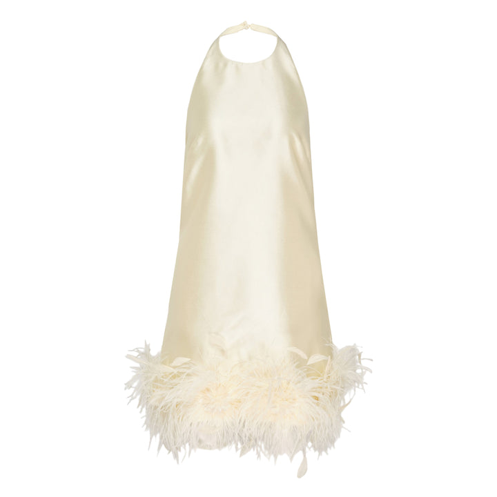 Yellow Taffeta Feather Trim Mini Dress