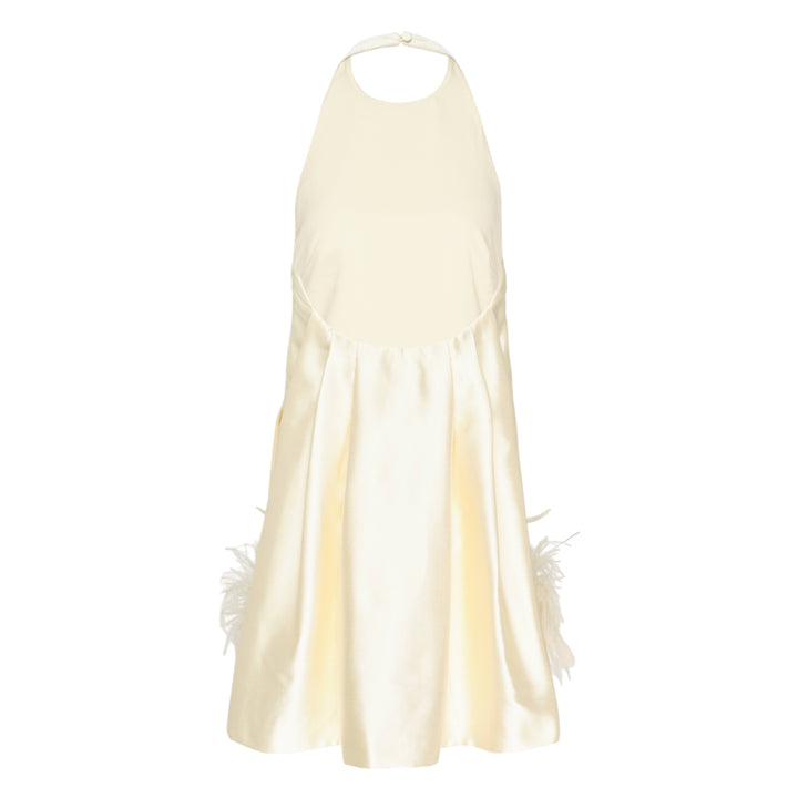 Yellow Taffeta Feather Trim Mini Dress
