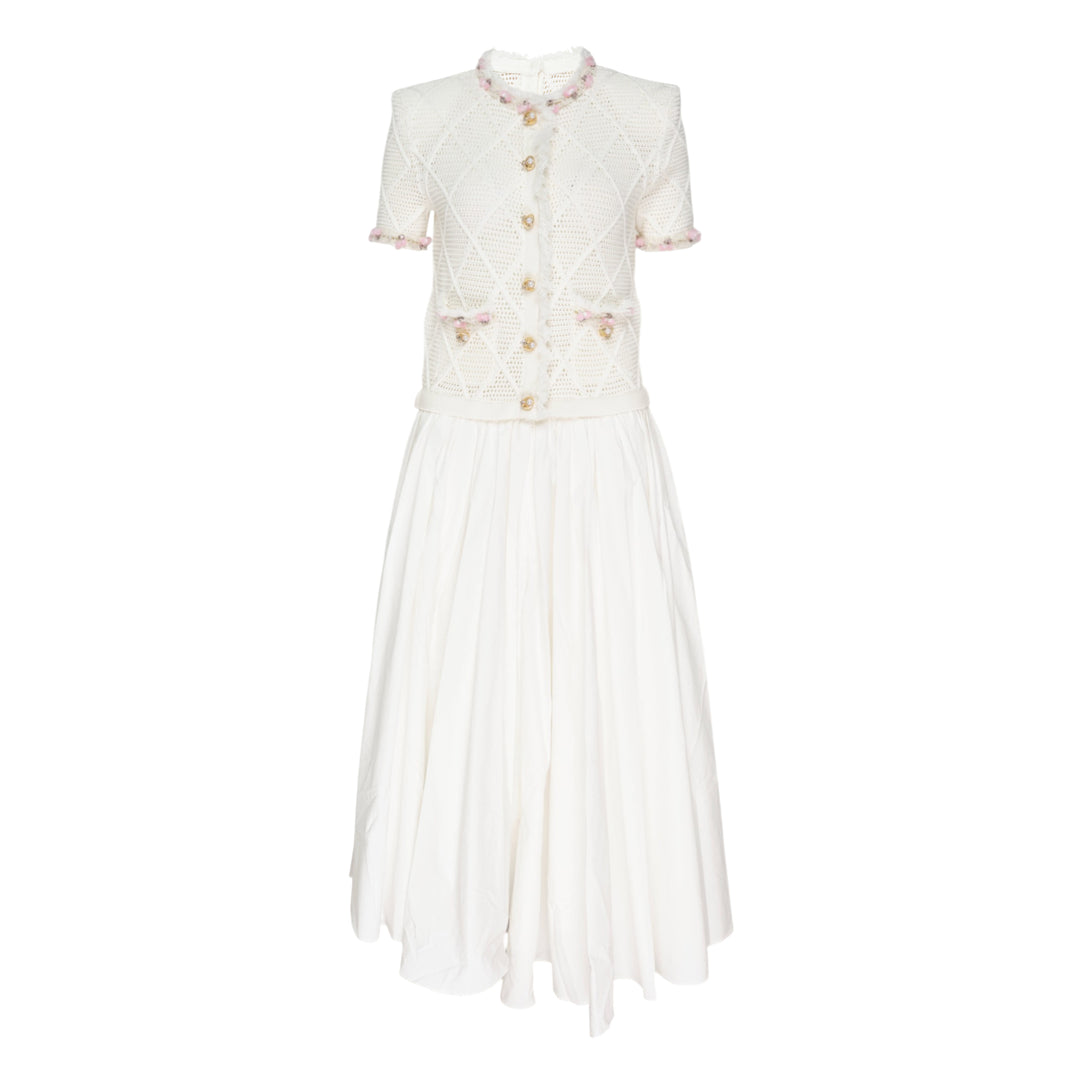 Cream Fringe Knit Cotton Midi Dress